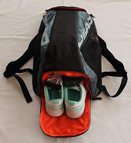 HEAD Tour Team Tennis Backpack 2 Racquet Carrying Bag w/Padded Shoulder Straps & Shoe Compartment - Black/Grey. - color: Black/Gray