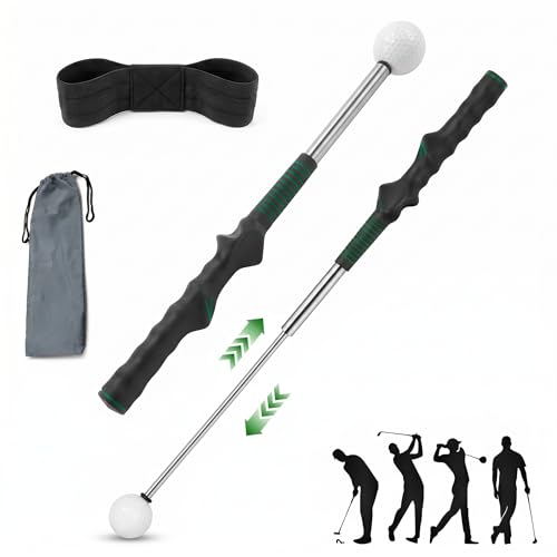 Retractable Golf Swing Trainer Aid with Grip Arm Band for Right -Handed Golfers, Grip Tempo Trainer, Click Feedback, Arm Correction Training Aid for Indoor Outdoor, Golf Practice Stick for Men