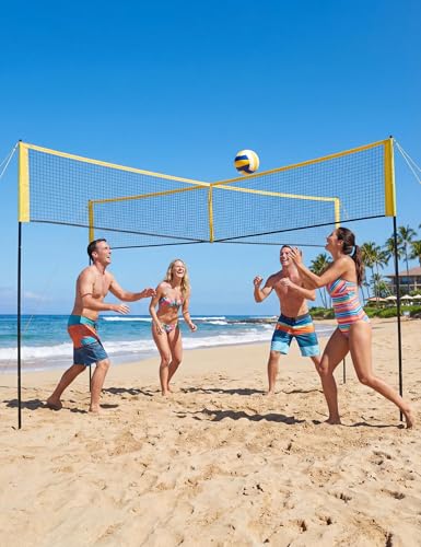 4 Square Volleyball Net Set with 3 Adjustable Heights, 14FT Cross PE System, Use in Backyard or Beach, Includes Ball, Pump, Carry Bag, Hammer, Outdoor Team Games, Black/Red - color: Yellow
