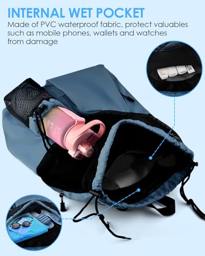 BROTOU Swim Bag Beach Backpack with Wet Pocket Mesh Drawstring Bags for Swimming, Gym - color: Navy Blue