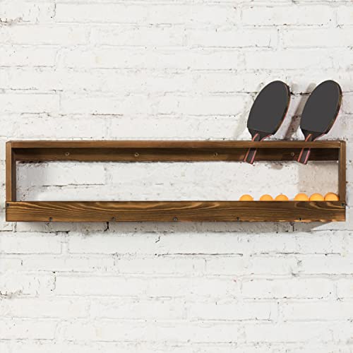 MyGift Wall Mounted Ping Pong Paddle Holder, Burnt Wood Table Tennis Racket Display Rack with Ball Storage Shelf - color: Burnt Wood