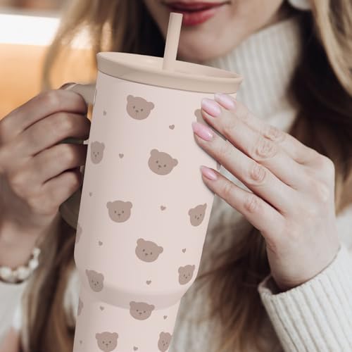 SANDJEST Bear Tumbler with Handle, Insulated Cup Stainless Steel Travel Mug Cup, Gifts for Women Girl, 40oz - color: Bear