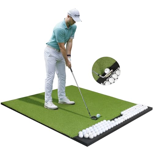 Integrated Golf Hitting Mat with Ball Tray, Thickening Golf Mats Practice Outdoor & Indoor Artificial Turf Matt with 3 Tees - size: 5 x 4 ft, 1.02 in (Large)