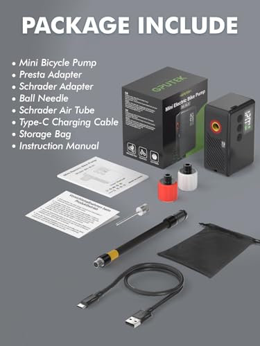 GPUTEK Mini Bike Tire Air Pump: Fast Inflate Portable Small Bicycle Electric Pump for Presta and Schrader Valves, 120 Psi High Pressure Pump with Digital Gauge for Road Bike, Mountain Bike, E-Bike