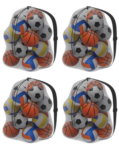 Youeon 4 Pcs Extra Large Mesh Ball Bags 30 x 40 Inch, Heavy Duty Sports Ball Bag with Drawstring Closure & Adjustable Shoulder Strap, Black Ball Storage Bags for All Kinds of Balls, Laundry