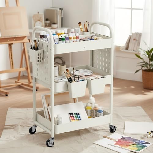 danpinera 3 Tier Rolling Cart with Retractable Dividers, Multi-Functional White Rolling Utility Cart with Pegboards, Hooks & Hanging Cups for Nursery, Living Room, Studio - color: White, size: with Dividers