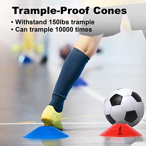 60-Pack Soccer Cones - Agility Flat Disc Cones with Carry Bag & Strap - Small Training Field Markers for Football Basketball Lacrosse - Indoor/Outdoor Sport Drills
