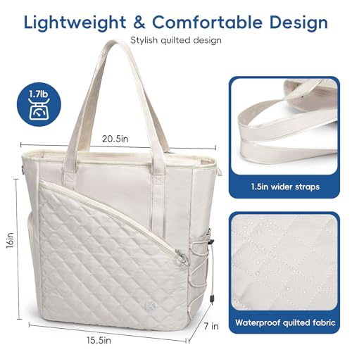Pickleball Tote Bag for Women with Fence Hook, Quilted Pickleball Bag Holds 3-4 Paddles with Shoe Compartment & Wet Pocket - color: Beige