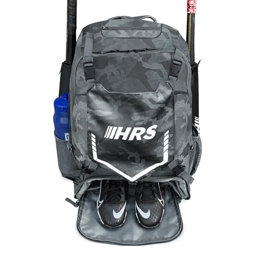 Hit Run Steal Bat Bag Backpack, Holds 4 Bats, Gloves, Helmet, and Cleats, Gray Camo