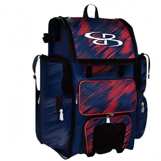 Boombah Rolling Superpack Scratch Baseball/Softball Gear Bag - 23-1/2" x 13-1/2" x 9-1/2" - Multiple Colors - Telescopic Handle and Holds 4 Bats - Wheeled Version - color: Navy/Red