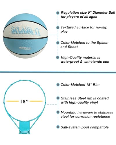 Dunn-Rite Splash & Shoot Pool Basketball Hoop, Adjustable Height Backboard – 200lbs Water-Filled Base, Stainless Steel Rim & Waterproof Basketball, Made in USA, Clear Aqua