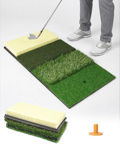 4-in-1 Golf Hitting Mat, Golf Practice Mat with Fairway, Rough, Sand & Tee Turf, Indoor Outdoor Golf Training Mat for Driving, Chipping & Putting with Golf Mat Tees