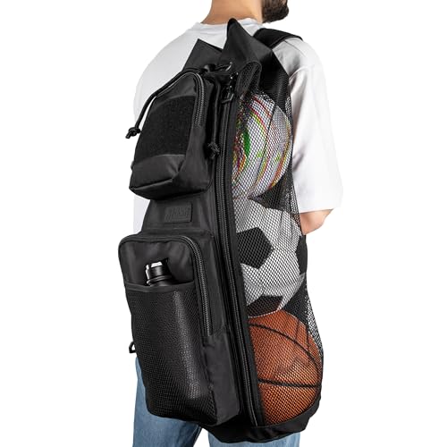 Fitdom 47L Heavy Duty Mesh Equipment Ball Bag w/Adjustable Padded Sling Shoulder Strap Design for Coach. 3 Different Size Compartments. Perfect for Soccer Football Volleyball Basketball & Water Sports