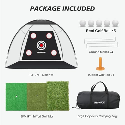 Golf Practice Net and Mat, 10x7FT Hitting Aids for Backyard Driving Chipping Swing Training with Noise Reduce Target Tri-Turf Mats Tees Real Balls for Indoor Outdoor, Gifts for Men Dad
