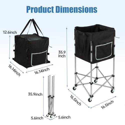 Tennis Ball Cart with Wheels & Brake (180 Capacity) – Heavy Duty Stainless Steel Frame with Detachable Washable Bag – Foldable Travel Hopper for Tennis & Pickleball, Portable Carrier