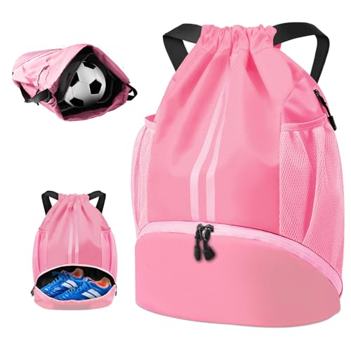 BROTOU Soccer Bags, Football Backpack, Volleyball Bag, Drawstring Backpack with Ball and Shoe Compartment, Football bags for Equipment Swim Gym Bag - color: Light Pink