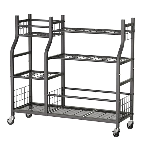 Garden Tool Organizer with Wheels for Garage and Shed, Spacious Tool Storage, Multi-Tier Design with Side Hooks for Rakes, Shovels, Brooms, and Yard Tools Rolling Cart