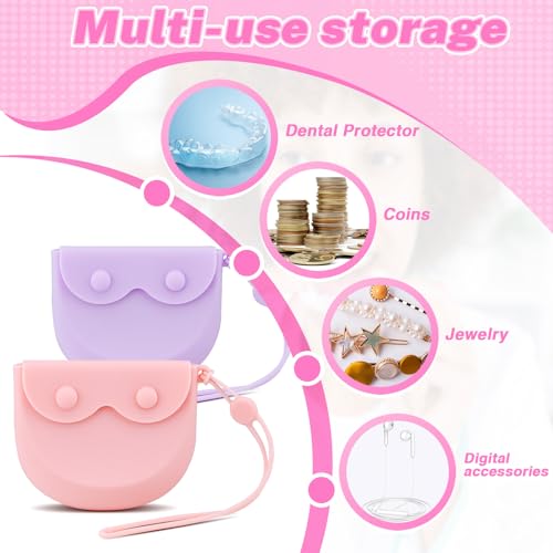 LELE LIFE 2Pcs Silicone Retainer Case with Vent Holes, Unbreakable Retainer Holder with Hand Strap Slim Retainer Container Box for Travel Partial Denture Night Mouth Guard Aligner Case (Pink + Purple) - color: Pink + Purple