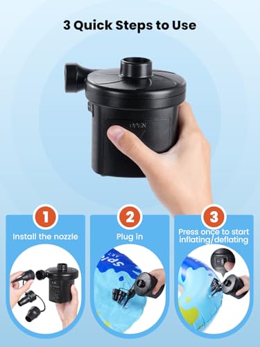 Dr.meter Air Mattress Pump, 3 Ways Powered Portable Electric Air Pump with 3-Nozzle AC 110V, DC 12V, Battery Operated Quick-Fill Inflator Deflator for Inflatable Pool Float Air Bed Boat Swimming Ring - style: HT-401