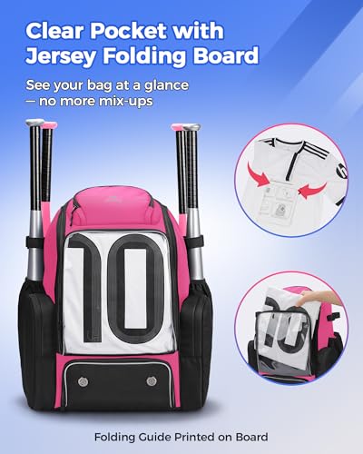 MATEIN PRO Softball Bat Backpack for 4 Bats with Transparent Front Pocket & Folding Board, Large Capacity Bat Bag with Foldable Shoe Compartment for Cleats, Baseball Equipment Bag for Girls & Women - color: Pink
