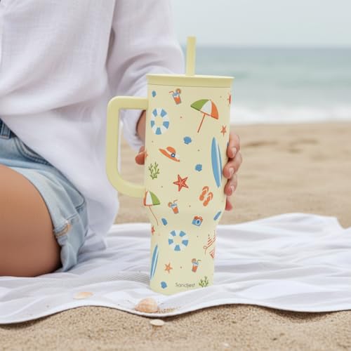 SANDJEST Beach 40oz Tumbler with Handle and Straw, Insulated Stainless Steel Travel Coffee Mug for Women Girls Beach Lovers, Gift Idea for Birthday Christmas Mothers Day Summer Vacation (Color) - color: Beach Lover 1