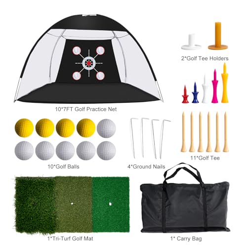 Golf Net, 10 x 7ft Backyard Practice net, Golf Hitting,Driving Net with mat for Indoor/Outdoor - style: Five Traget