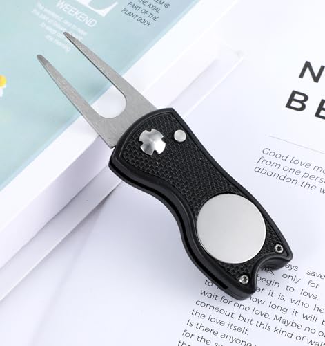 Divot Tool and Ball Marker, Metal Golf Divot Tools with Pop-up Button & Magnetic Marker for Golfers (Black)