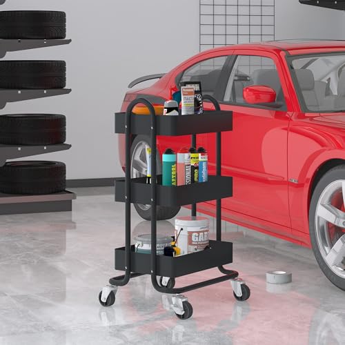 Metal Rolling Cart,3-Tier Metal Rolling Cart with Wheels,3 Tier Utility Cart with Wheels for Office,Home,Kitchen,Garden๏ผ13.4"x18.1"x31"๏ผ Black - color: Black, size: 31"H