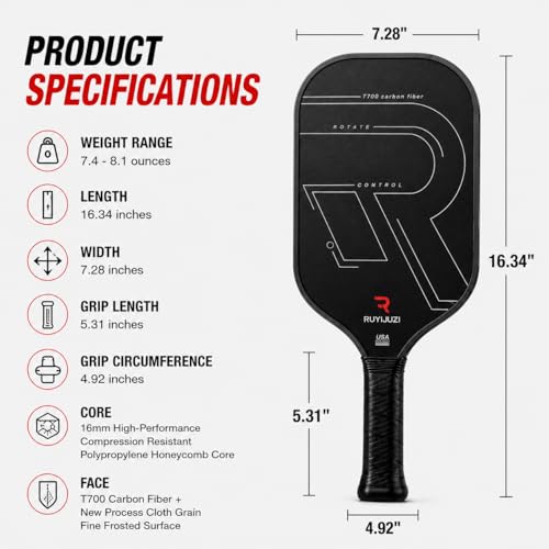 Pickleball Paddle, T700 Carbon Fiber Paddle with Textured Matte Surface, 16mm Polypropylene Honeycomb Core, Thermoformed for Spin & Control