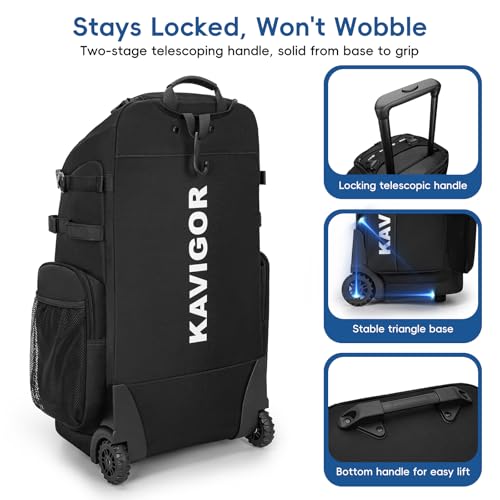 KAVIGOR 80L Rolling Baseball & Softball Bag for Youth & Adult, Holds 3 Gloves & 4 Bats, Custom Team Panel, Travel Ball Ready - color: Black