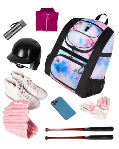 MATEIN Softball Bag, Lightweight Baseball Backpack with Shoe Compartment, Baseball Bag with Fence Hook for TBall Bat & Equipment, Softball Gifts Catchers Backpack for Women Fit Catcher’s Mitt, Helmet - color: Tie-dye
