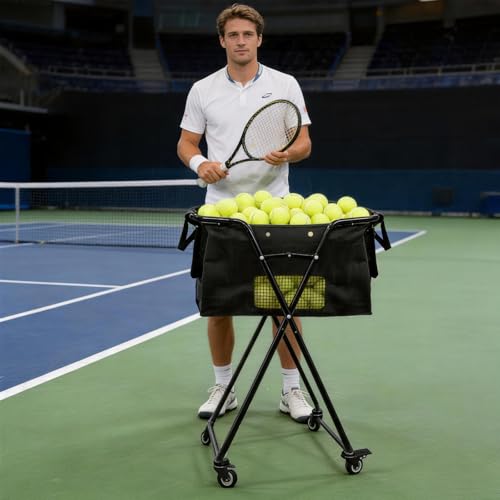 Tennis Ball Hopper Cart with 4 Wheels,Foldable Large Capacity Pickleball & Tennis Ball Collector for Court Training, Coaching