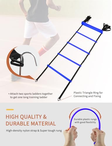 GHB Agility Ladder,Football Training Equipment Set,4 Agility Hurdles, 20 feet12 Rungs Speed Ladder,12 Disc Cones,Resistance Parachute, Jump Rope, 5 Resistance Bands - color: Blue