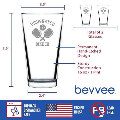 Bevvee Designated Dinker - Pint Glass for Beer - Funny Pickleball Themed Decor and Gifts - Set of 2-16 oz Glasses - style: Set of 2