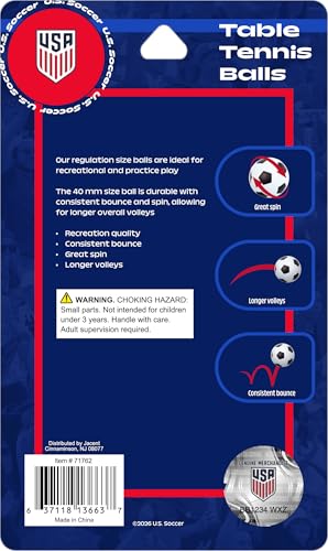 Jacent U.S. Soccer Table Tennis Balls: Official Licensed Product, 6 Count, 40mm Ping Pong Balls w/Logo and Soccer Ball Designs, Recreation Quality for Practice and Pong Play