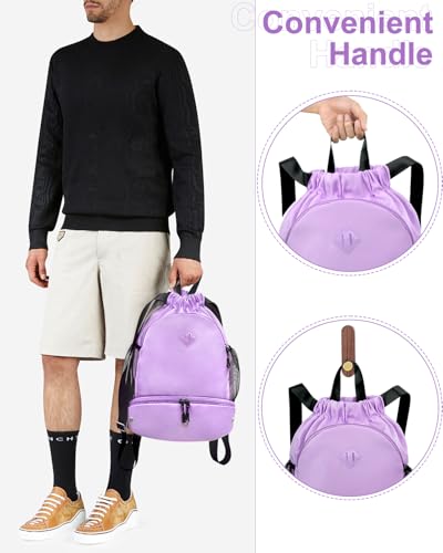 RHDZO Drawstring Backpack Gym Backpack with Shoe Compartment for Men Women String Sports Bag with Wet Pocket Cinch Swim Beach Bag, Large Purple - color: Large Purple