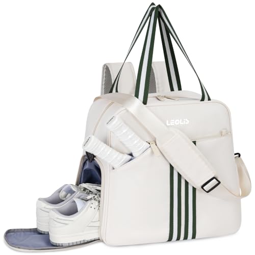 Pickleball Bag Pickle Ball Backpack for Women,Pickleball Accessory Tote Sport Equipment Bag Machine Washable with Shoe Compartment,Wet Pocket,Adjustable Shoulder Strap Fence Hook,Great Gift 30L-White - color: White