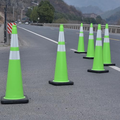 4 Pack 36 Inch Green PVC Traffic Cones Black Base Stable Large Size, Highway Traffic Outdoor Construction Safety Warning Cones (4, Green, 36 Inch) - color: Green, size: 36 Inch