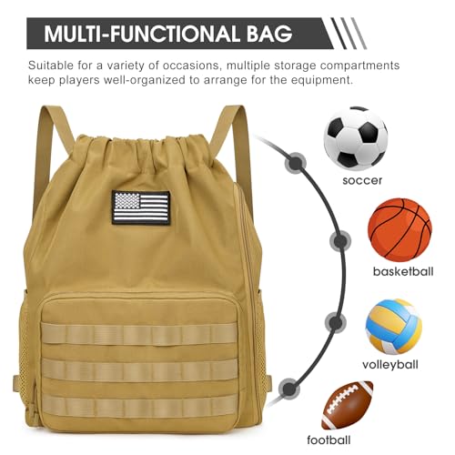 G4Free Drawstring Backpack Gym Backpack Soccer Basketball Bag with Shoes Compartment Tactical Water-Resistant String Sports Bag for Men Women(Tan) - color: Tan