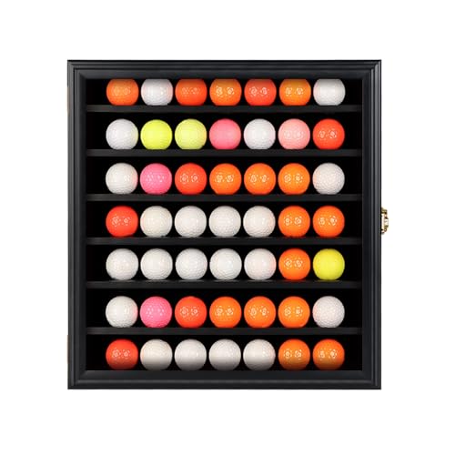 KCRasan 49 Golf Ball Display Case Lockable - Golf Ball Holder Gift for Golf Enthusiasts - Golf Ball Display Rack Cabinet for Wall Mount Real Glass Door, Black