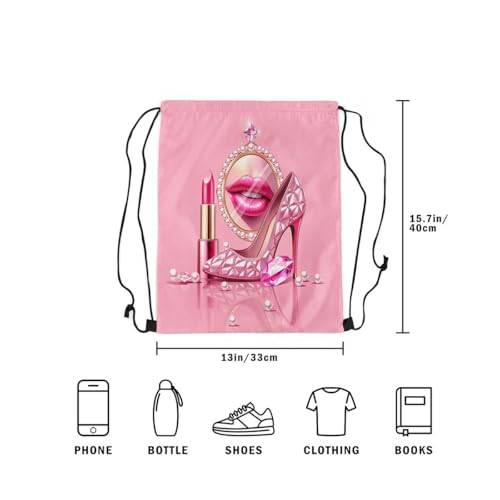 Castle Fairy Pink High Heel Drawstring Backpack,Rose Lipstick Waterproof Sports Gym Bag,Glitter Diamond and Pearl Large Capacity for Travelling,Swimming,Beach,Pink - color: Pink