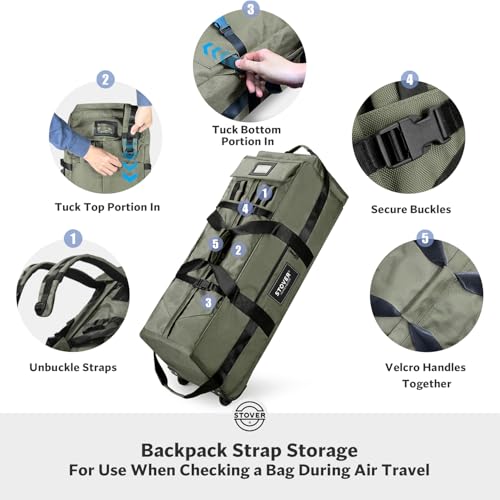 STOVER 45/80/100L Rolling Duffel Bag with Wheels, X-Large Durable Travel Duffle + Toiletry Bag, Heavy Duty, Packable with Shoulder Straps- Use as Luggage or Backpack, Men/Women (Green) - color: Green
