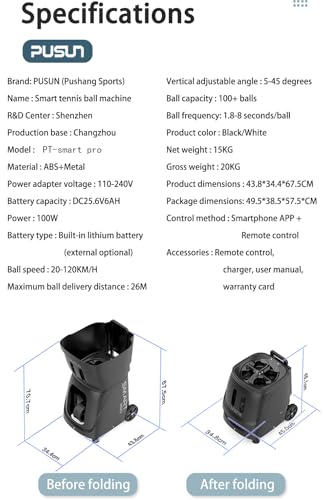 PUSUN|PT-MAX C Flagship Tennis Ball Machine:App Control,12 Drills, Internal Oscillation,87 MPH,6-Level Spin,28-Spot,6-8H Battery, 39.6 lbs Portable, for Tennis/Padel,Training, Practice,Beginners,Pros