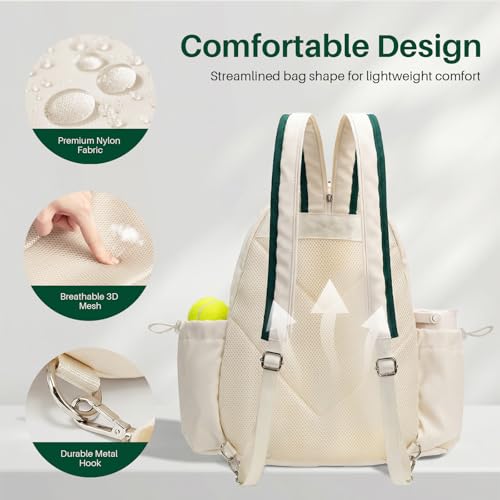Tennis Bag for Women & Men Sling Crossbody Backpack 2-Racket Waterproof Pocket & Fence Hook Racket Bags Suitable for Pickleball Tennis Badminton - color: Beige