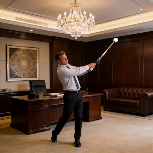 Retractable Golf Swing Trainer, Training Aid with Grip Trainer, Swing Mechanics for Beginners & Tempo Training for Advanced, Click Feedback, Arm Connection, Right/Left-Handed, Indoor/Outdoor