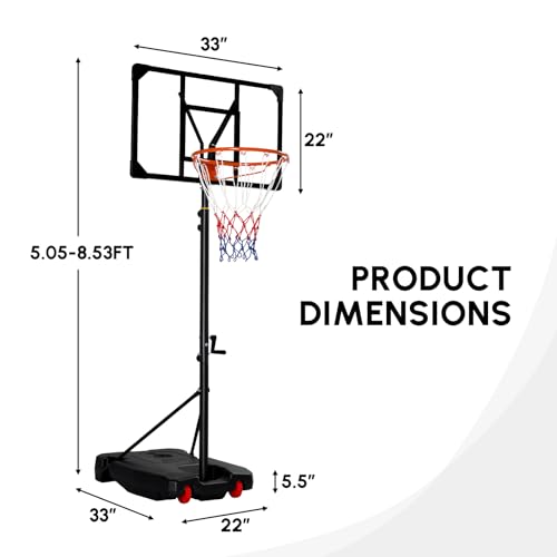 PEXMOR 5.05-8.53FT Portable Basketball Hoop, Adjustable to Any Height Easily, 33" Backboard for Kids & Youth, with Fillable Base & Wheels, Basketball Goal for Outdoor, Indoor, Backyard, Driveway