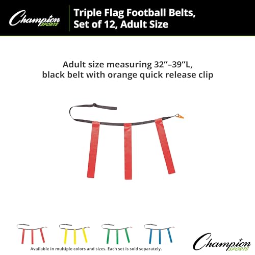 Champion Sports Quick Release Flag Football Set – Durable Belt, 3 Detachable Flags & Adjustable Fit (25”-50”) - color: Red Flags, size: Large (32'-39")
