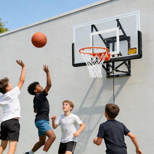 53” Wall Mount Basketball Hoop - Aluminum Alloy Frame & PC Backboard | Adjustable Height 7.71-10ft | Shatterproof, All-Weather | Indoor/Outdoor | Garage/Backyard