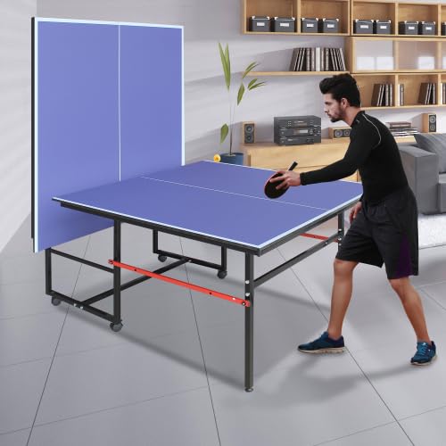 Folding Rolling Table Tennis Table Regulation Ping Pong Table with 2 Paddles 2 Balls 1 Net and Post Set Fold-Up Design 4 Wheels for Easy Movement, Blue (8 FT)