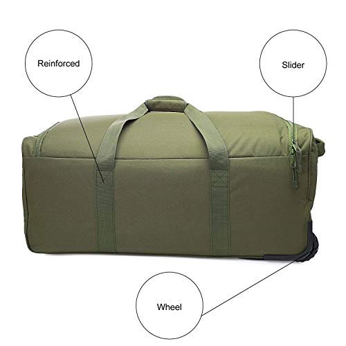 Heavy-Duty X-Large Military Tactical Wheeled Rolling Duffel Trolley Bag For Deployment Traveling Camping Sporting - color: Green
